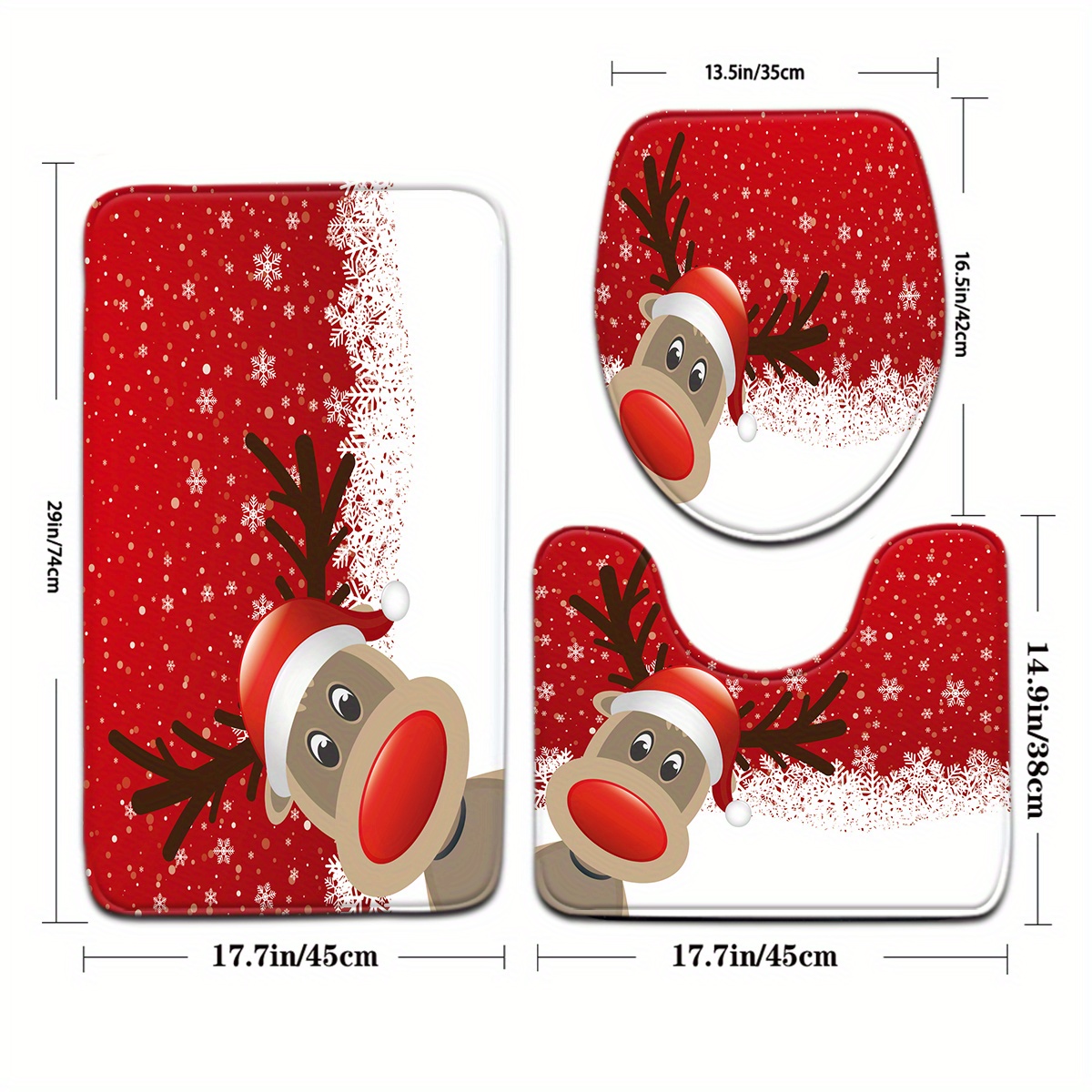 Image of 3pcs Minimalist Series Red And White Snowflake Little Cow Snowman Pattern Bathroom Mat Set With Toilet Lid And U-shaped Foot Mat