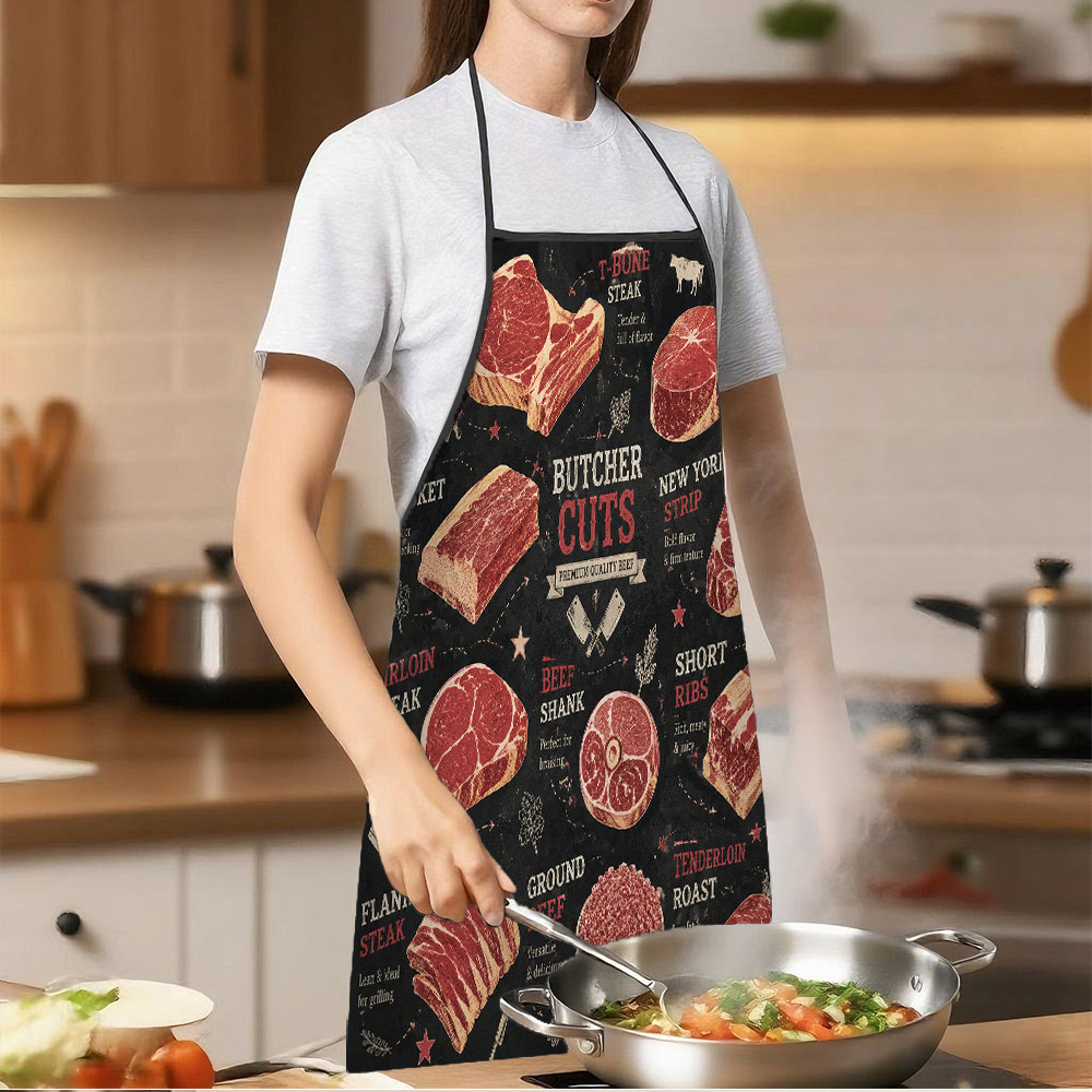 TEMU 1pc Butcher Cuts Print Apron, Durable And Easy To Clean, Adjustable Waistband, Polyester Material, For Kitchen Cooking, Gardening, Picking,
