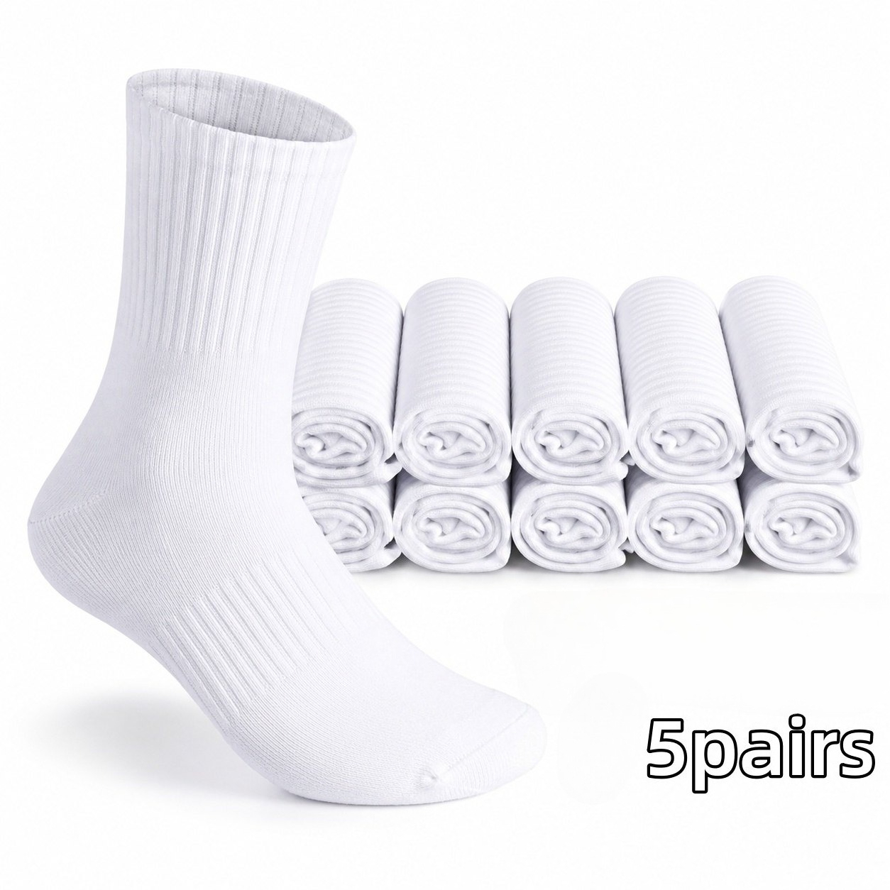 TEMU 5 Pairs Unisex Mid-calf Socks (ankle Style) - Versatile White Socks For Casual, Business, And Sports Occasions | , Durable Bulk Pack (mid-calf