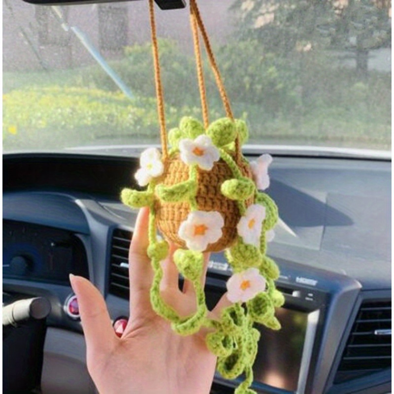 2025 New Handmade Crochet Car Hanging Decorations - Orchid Potted Plant Yarn Pendants with Greenery &amp; Floral Accents, Fit for Rearview Mirror, Multi-Color Options, Creative Car Interior Accessories, Car Decoration Accessories, Decorative Hanging Ornaments, Intricate Crochet Work