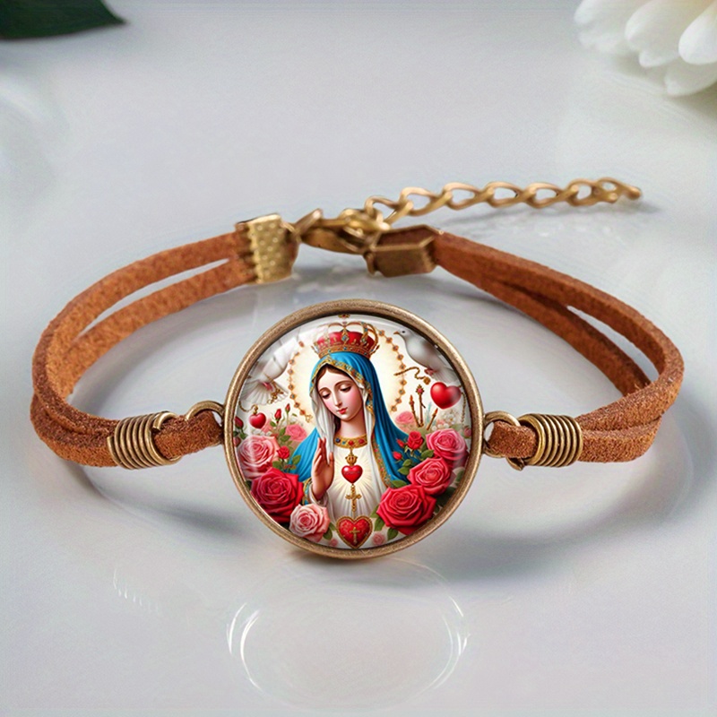 2pcs Virgin Mary and Jesus Retro Handmade Glass Cabochon Bangle Set