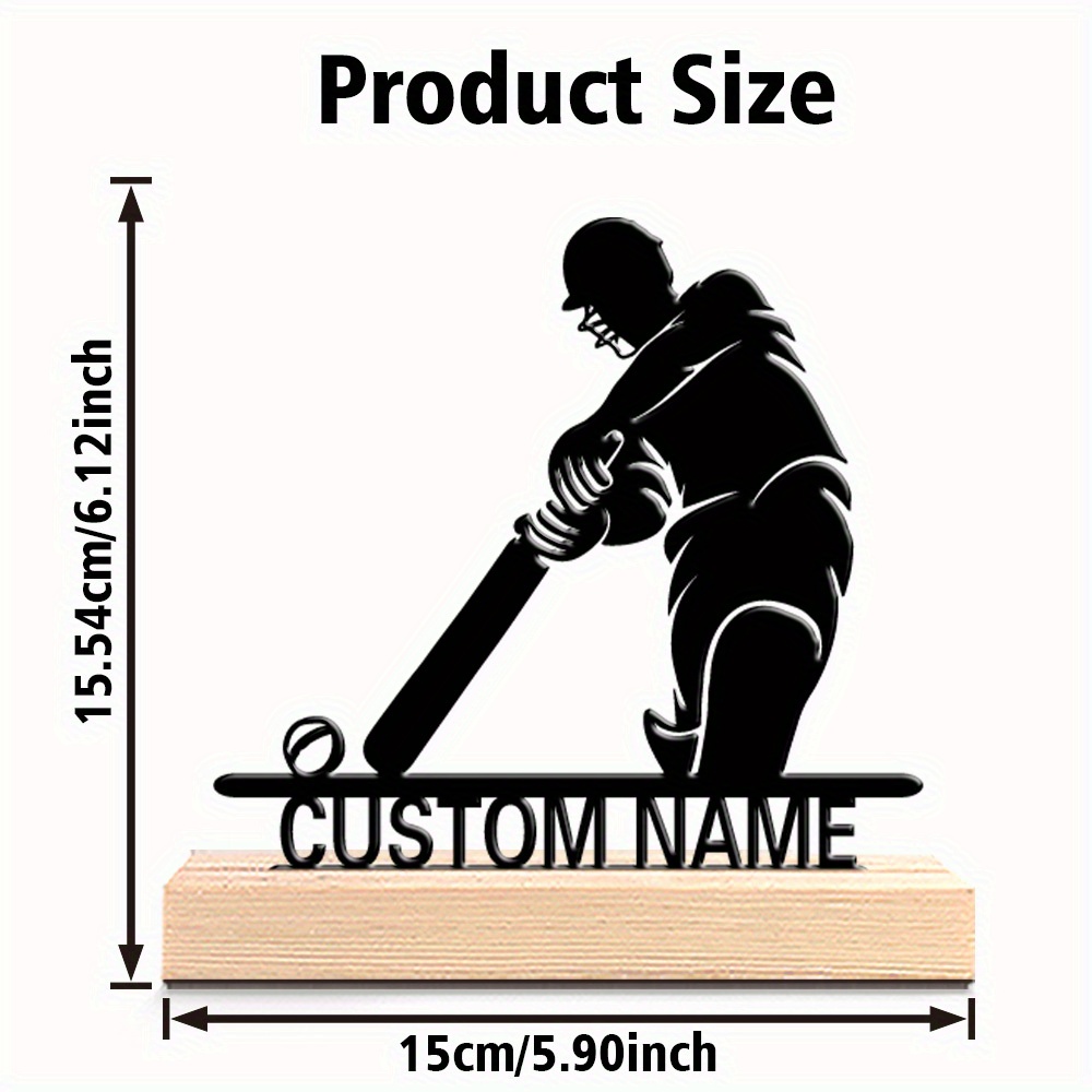 TEMU 1pc Of Elegant Custom Metal Statues Depicting Cricket Players The Ball, Featuring A Wooden Base. This Metal Art Serves As A Tabletop Decoration,