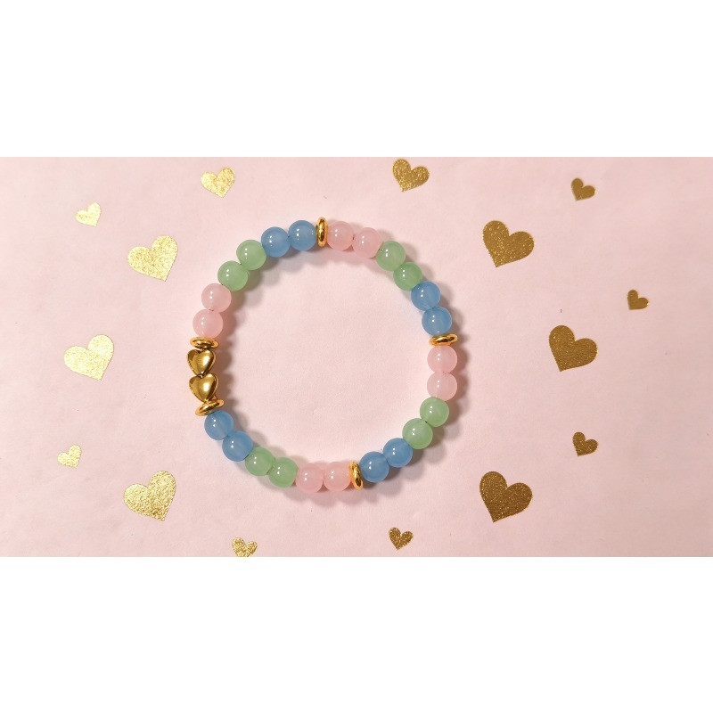 Macaron 3-Color Round Bead Bracelet, Heart-Adorned