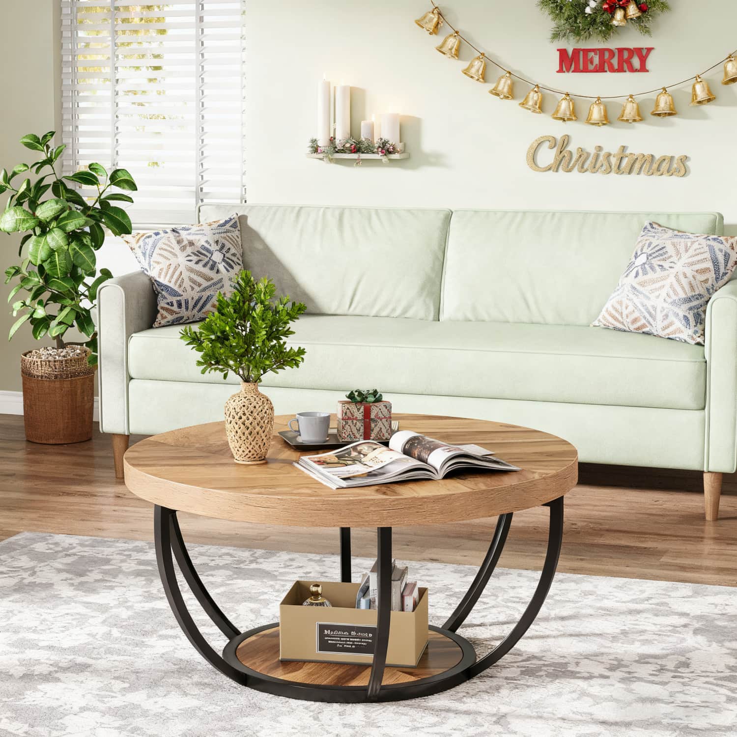 Industrial 2-tier Round Coffee Table, Wooden Grain Accent Center Table With Lower Storage Shelf, Modern Sofa Side Table For Living Room, Wooden Structure And Black Metal Legs