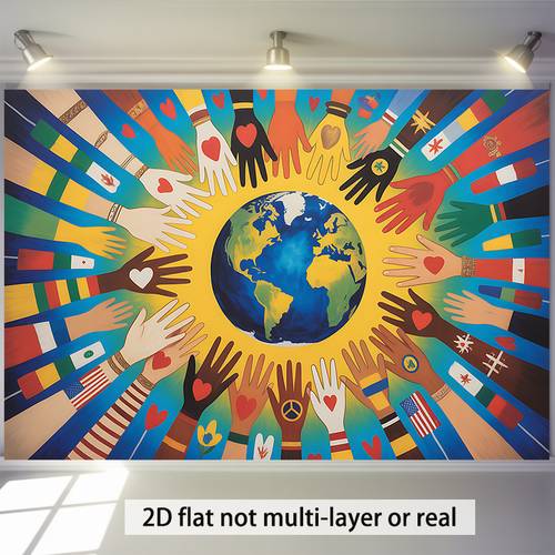 item picture 2d flat 1pc hanging banner earth with hands design multicolor peace symbol for room party decorations fabric suitable for home office events in diversity message 2d flat