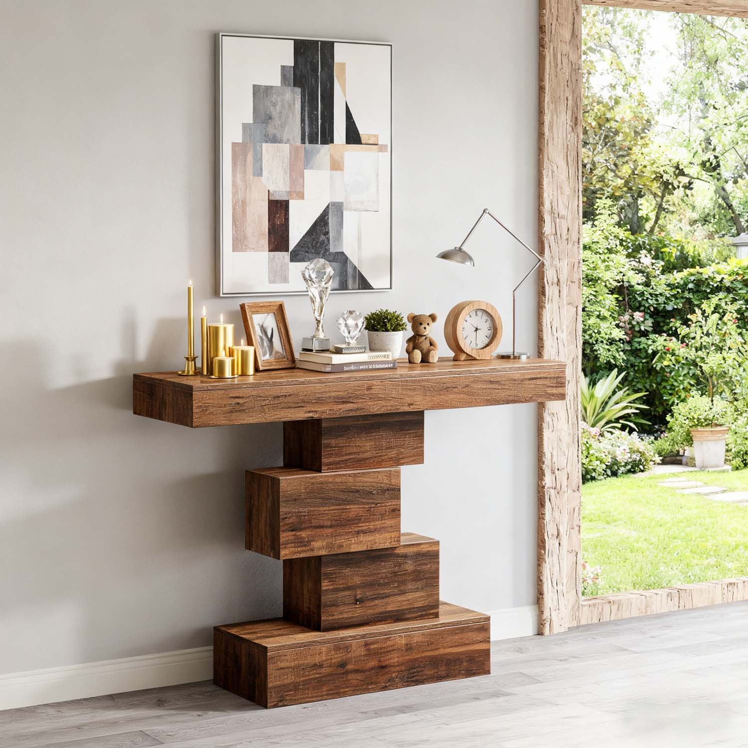 Industrial Console Table, 108cm Narrow Wood Sofa Table Behind Couch With Geometric Base, Entryway Accent Table For Living Room, Hallway, Entrance, Rustic Brown