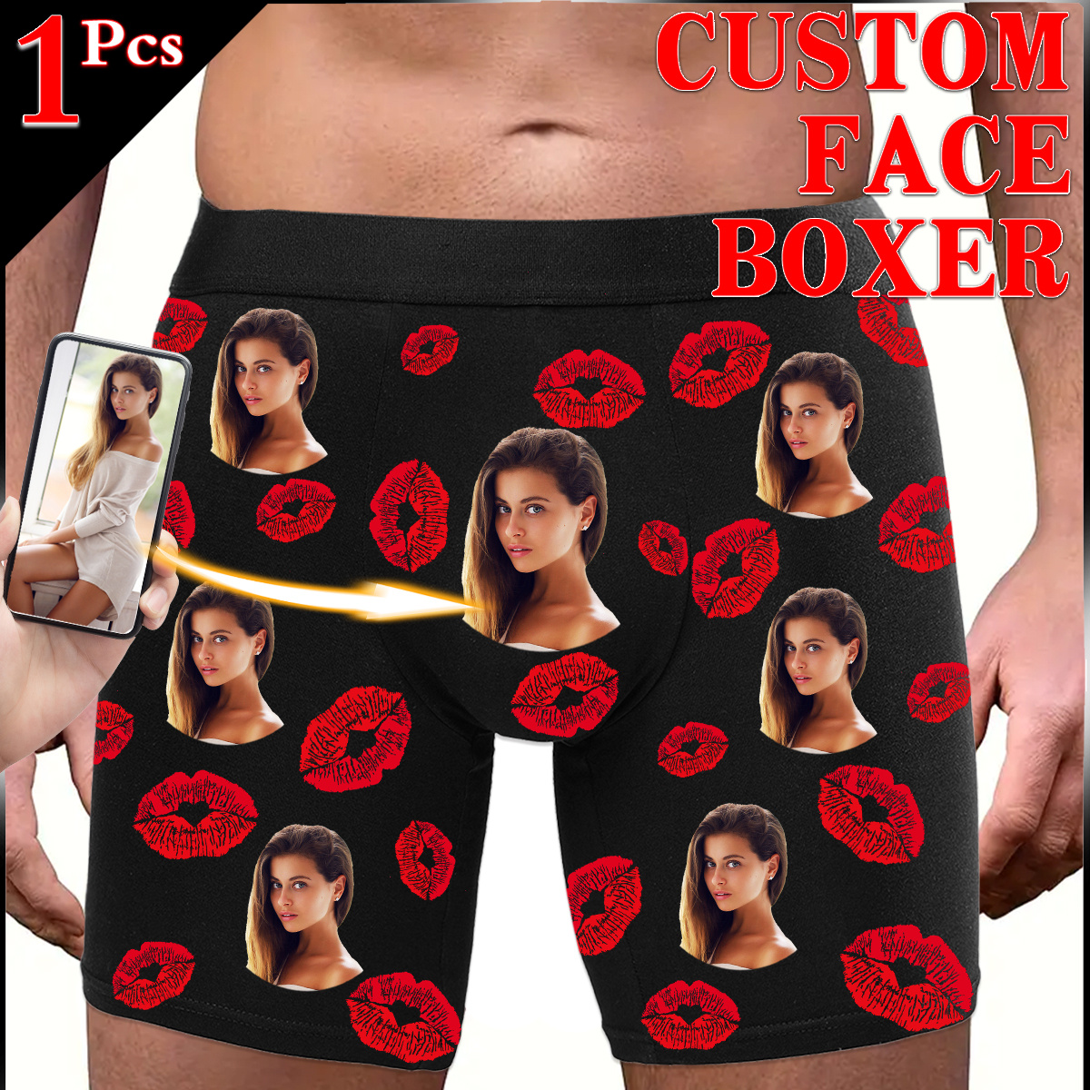 

1pc Custom Men's Boxer Briefs Personalized Face Photo And Kiss Print Novelty Underwear Comfortable High Stretch Underwear For Him, Valentine's Day Romantic Gift For Boyfriend Or Husband