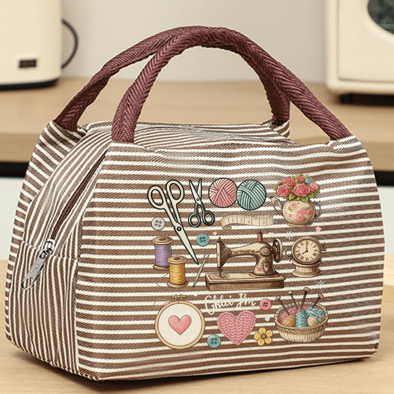 TEMU Borsa a righe con stampa a linea di attrezzi da cucito - Pochette portaoggetti portatile in stile vintage a con design a rinforzato intrecciato,