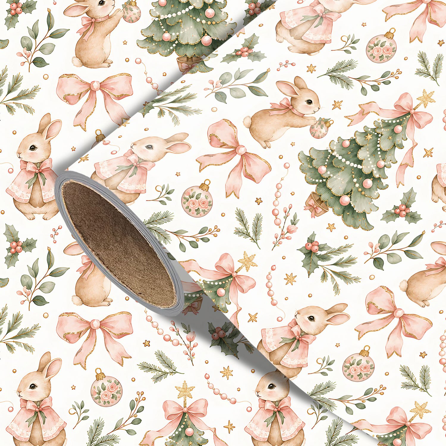 TEMU Rouleau de de Noël Lapin - 17.7 X 118 pouces, Papier d'emballage cadeau avec de Noël, nœuds roses, motif de de neige pour cadeaux de Noël, la