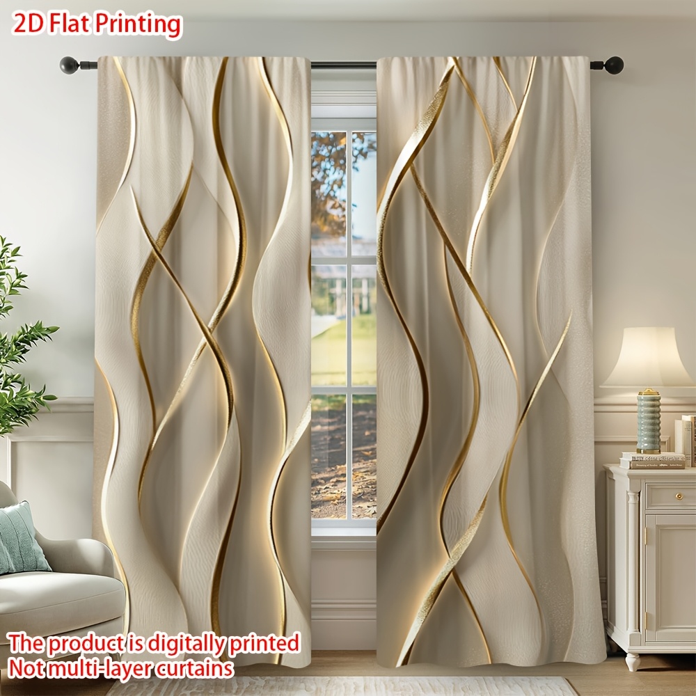 TEMU 2d Flat, 2-panel 2d Flat Printed Abstract Golden Semi-blackout Curtains With Rod Pocket- Suitable For Living Rooms, Bathrooms, And Style Spaces-