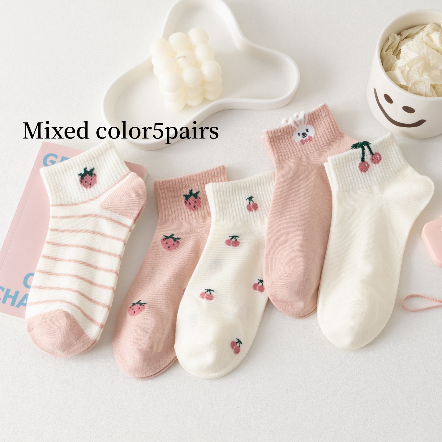 Image of 5 Pairs Of Women's Style Short Socks, Cute Cherry Strawberry Rabbit Design, Breathable And Comfortable Versatile Casual Socks