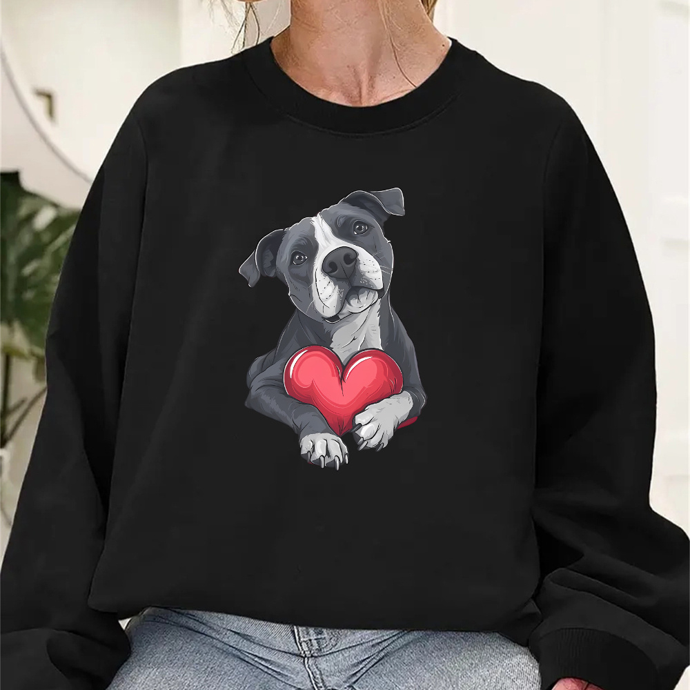 

Women's Casual Crew Neck Sweatshirt, Polyester Knit Fabric, Cartoon Dog & , Pullover With Stretch