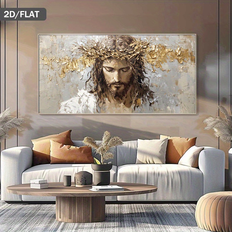 E-shop 2D Flach, 2D Flach, 1 Stück Großes Rahmenloses Modernes Abstraktes Religiöses Wandbild - Rahmenloses Leinwandgemälde mit Dornenkronen, Goldene