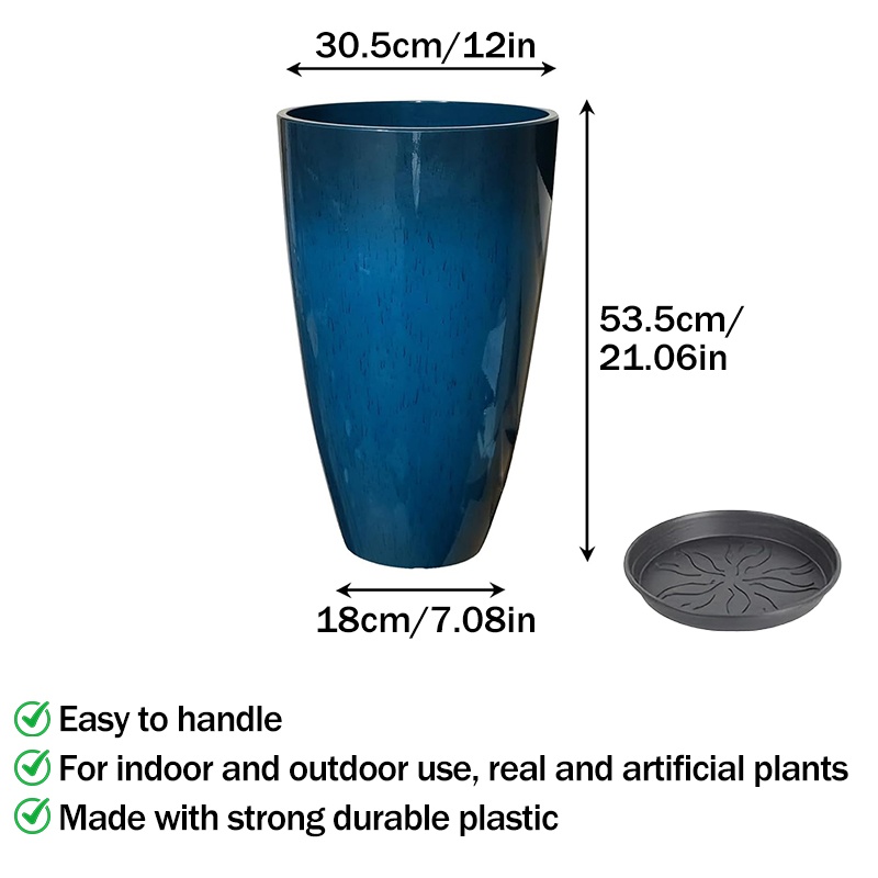 TEMU 1pc 21inch Tall Flower Pots With 1pc Base, Resin Vase, Indoor And Outdoor Round Flower Pots, Suitable For , Large Flower Pots With Drainage