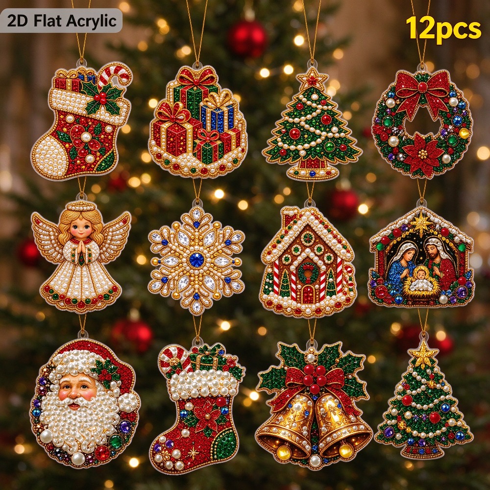 TEMU 2d Flat 12pcs Diy Special Shaped Diamond Painting Kit, Acrylic Christmas Hanging Ornament, Pendant For Xmas Tree Home Wall Decor, 2d Flat