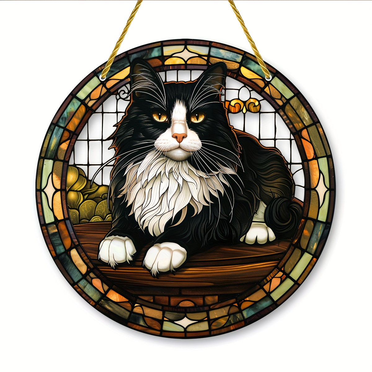 TEMU 2d Flat - [2d Flat] 1pc 2d Flat Printed, Charming Tuxedo Cat Sun - Round Acrylic Hanging Ornament, Stained Black And White Cat Wreath Design,