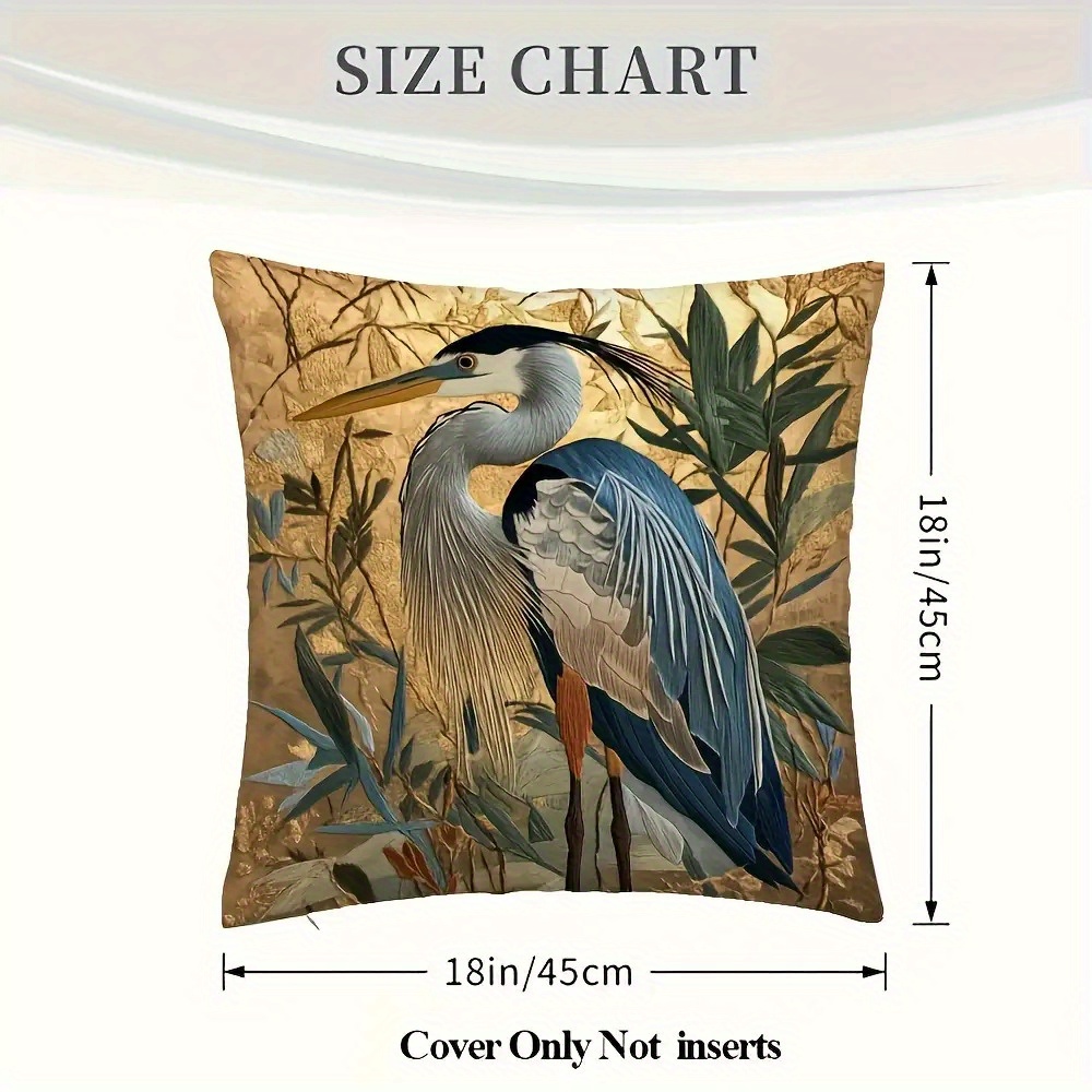 TEMU 1pc Summer Great Heron Decorative Pillow Cover - Art Design, With Zipper Closure, Soft Texture Decor For Living Room, Bedroom, Patio (insert Not Included)