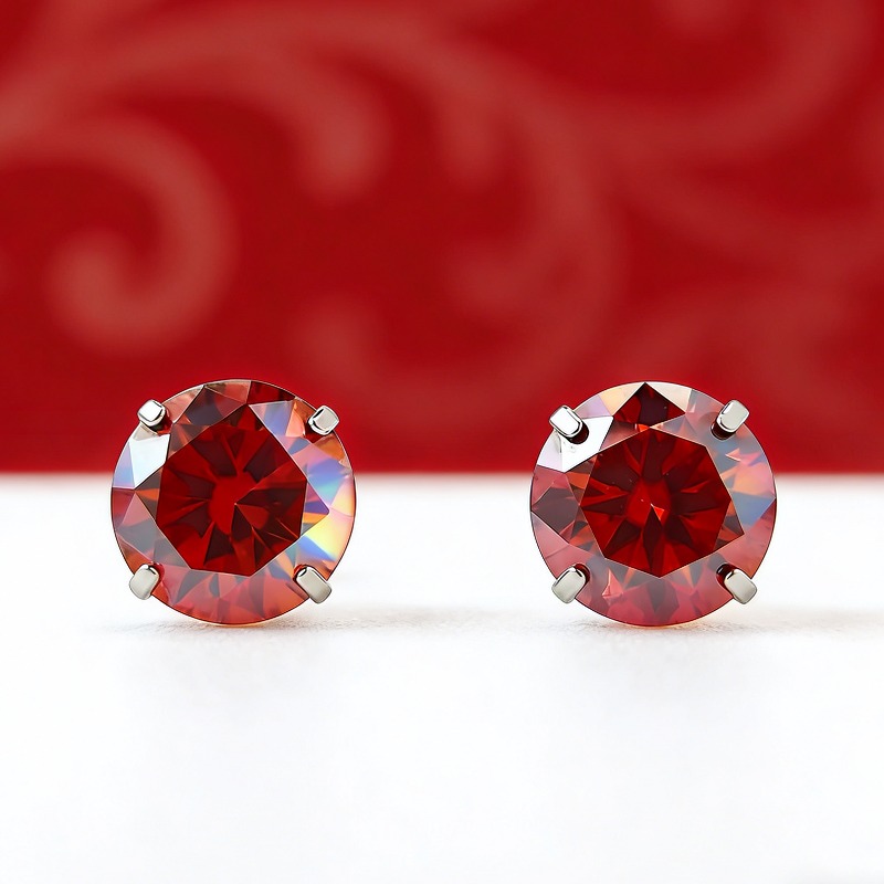 Women's Red Round Moissanite Four-Claw Stud Earrings