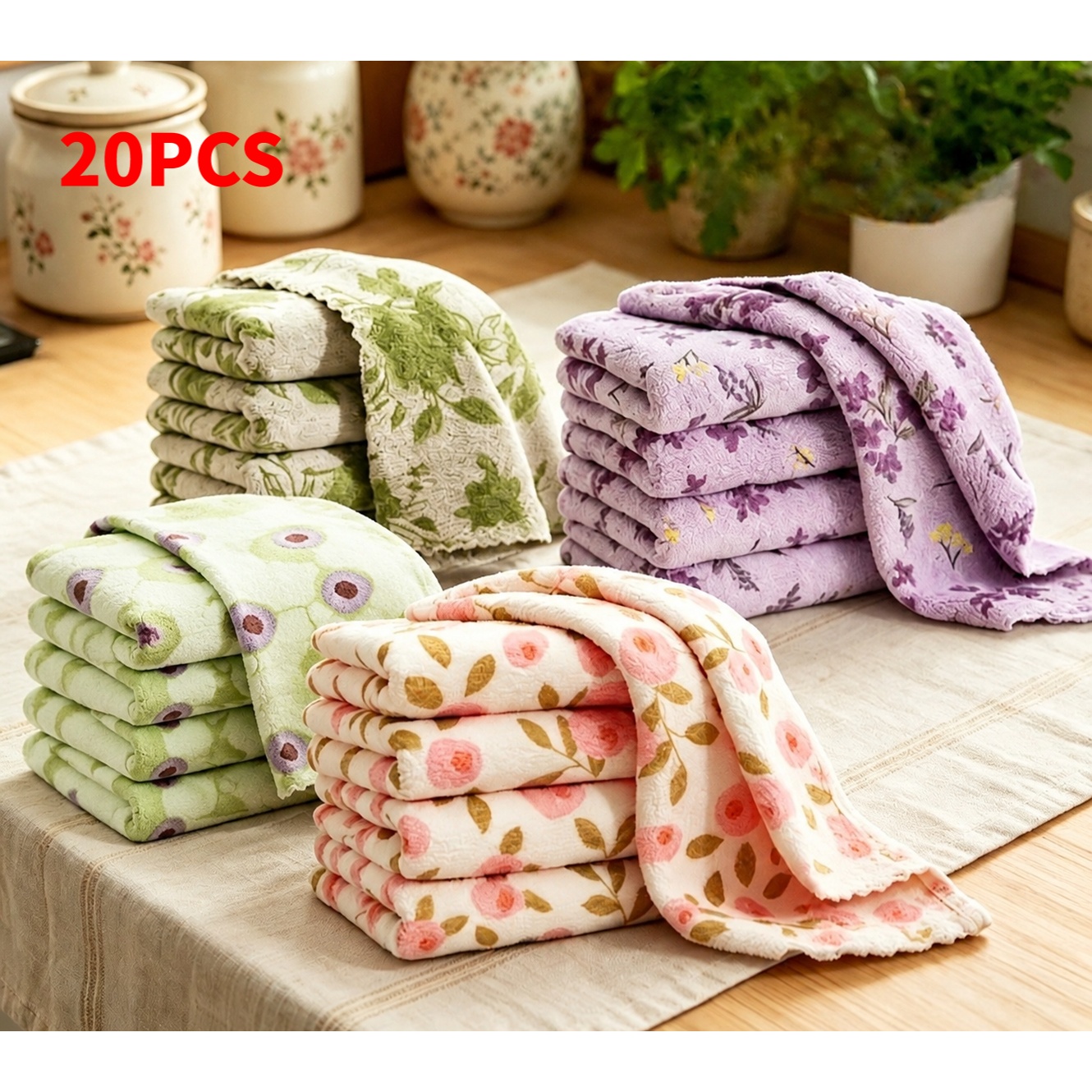 TEMU 20pcs Multicolor Coral Cleaning Cloths, 4 Random Styles, Super Absorbent Quick-drying , Reusable Cleaning Towels For Kitchen, Bathroom, Glass,