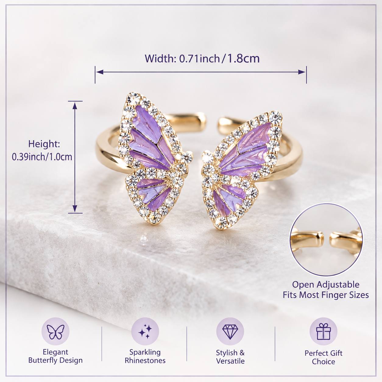 Women's 3D Purple Butterfly Shaped Adjustable Ring with Zirconia