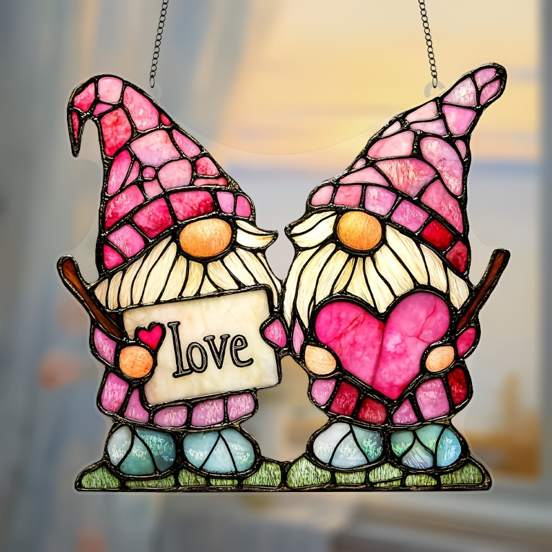 

1pc 's Day Love Gnomes Suncatcher, 7.5"x8" Anniversary Stained Glass Window Hanging, Heart-shaped Home & Garden Decor, Couple's Room Ornament