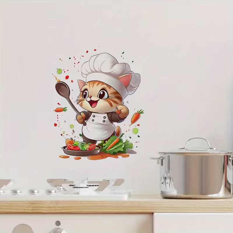 Food-themed Cat Chef Wall Sticker For Wall Decoration - Self-adhesive Waterproof Creative Paper Sticker