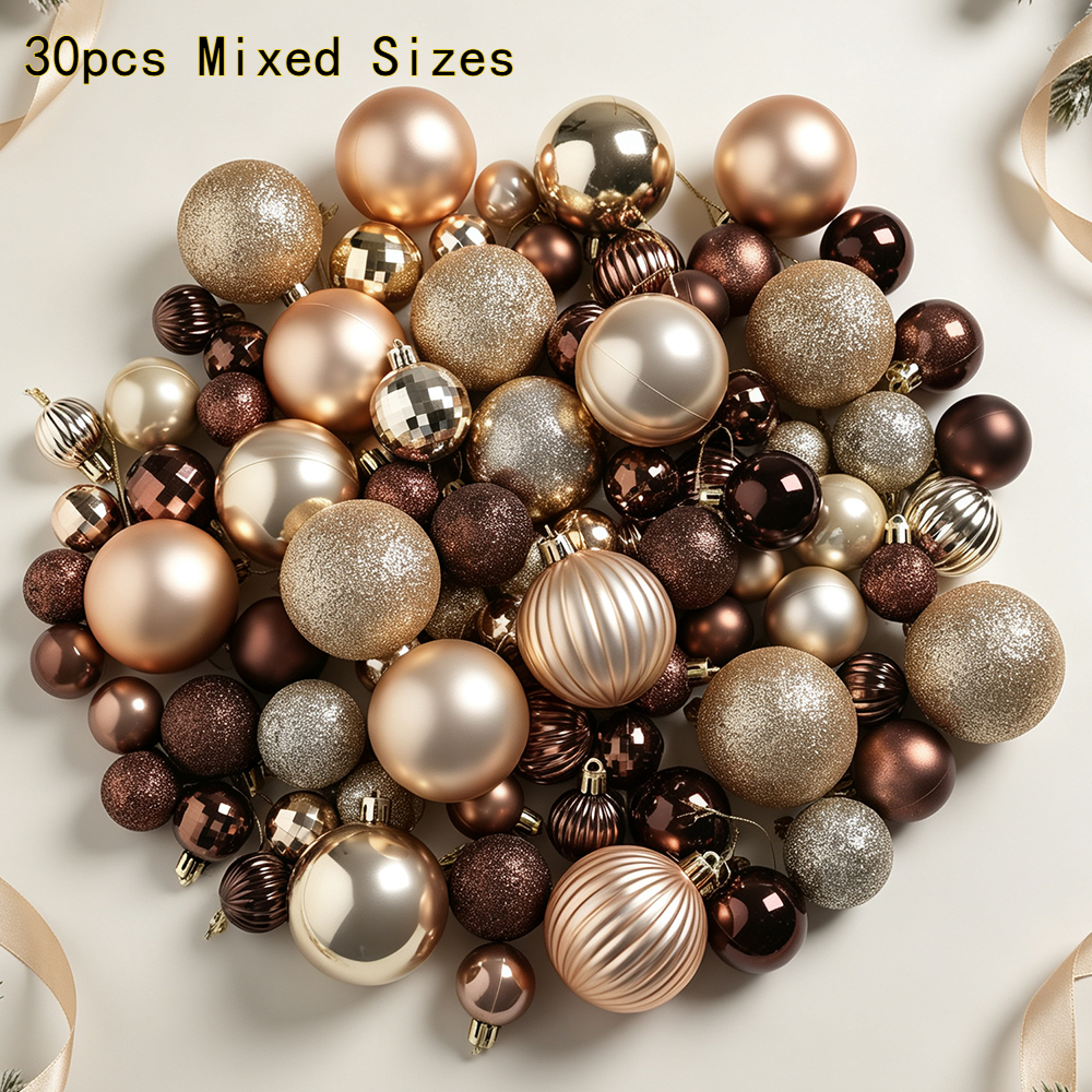 TEMU Lot de 30 boules de Noël, tailles mélangées 3/4/6 cm, assortiment de boules brillantes, à paillettes, et côtelées pour sapin de Noël, couronne,