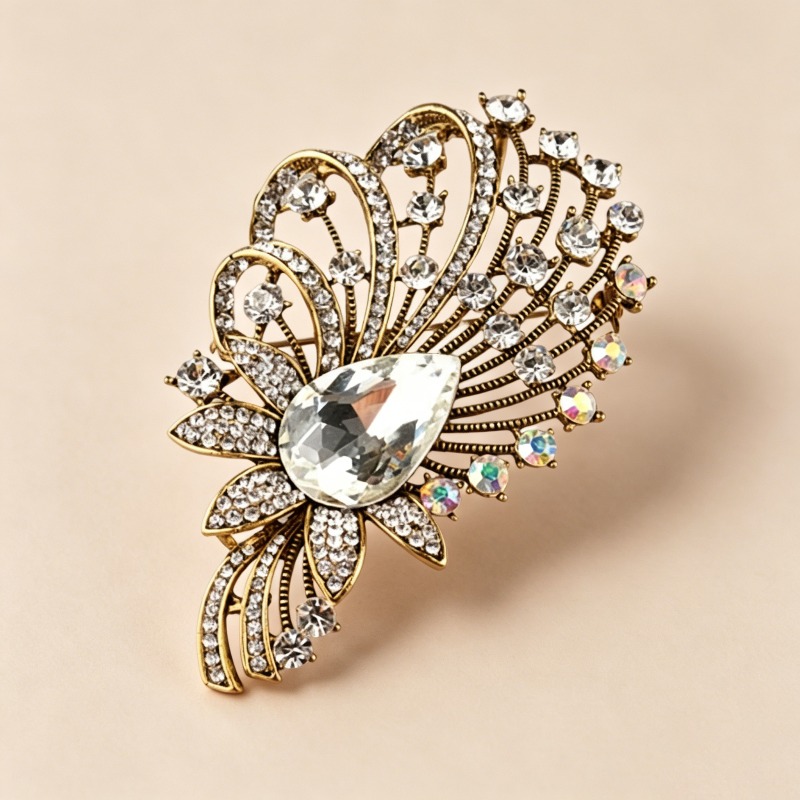 Vintage Gold-Tone Crystal Feather Brooch, Elegant Statement Pin