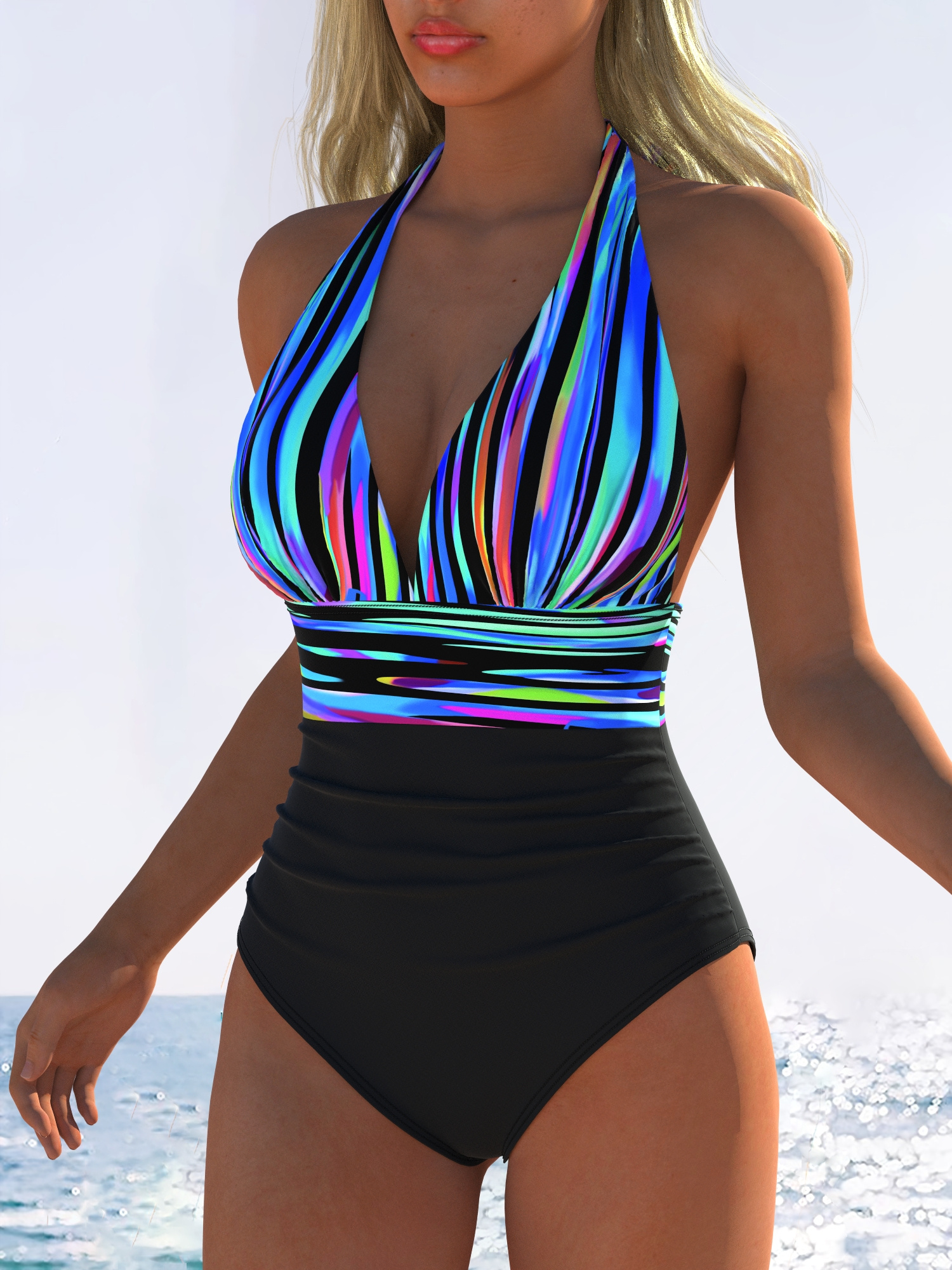 womens sexy high waisted   swimsuit deep v neck ruched waist with multicolor striped print stretchy polyester for beach poolside fun ocean swimming attire smooth texture fabric multicolor 0