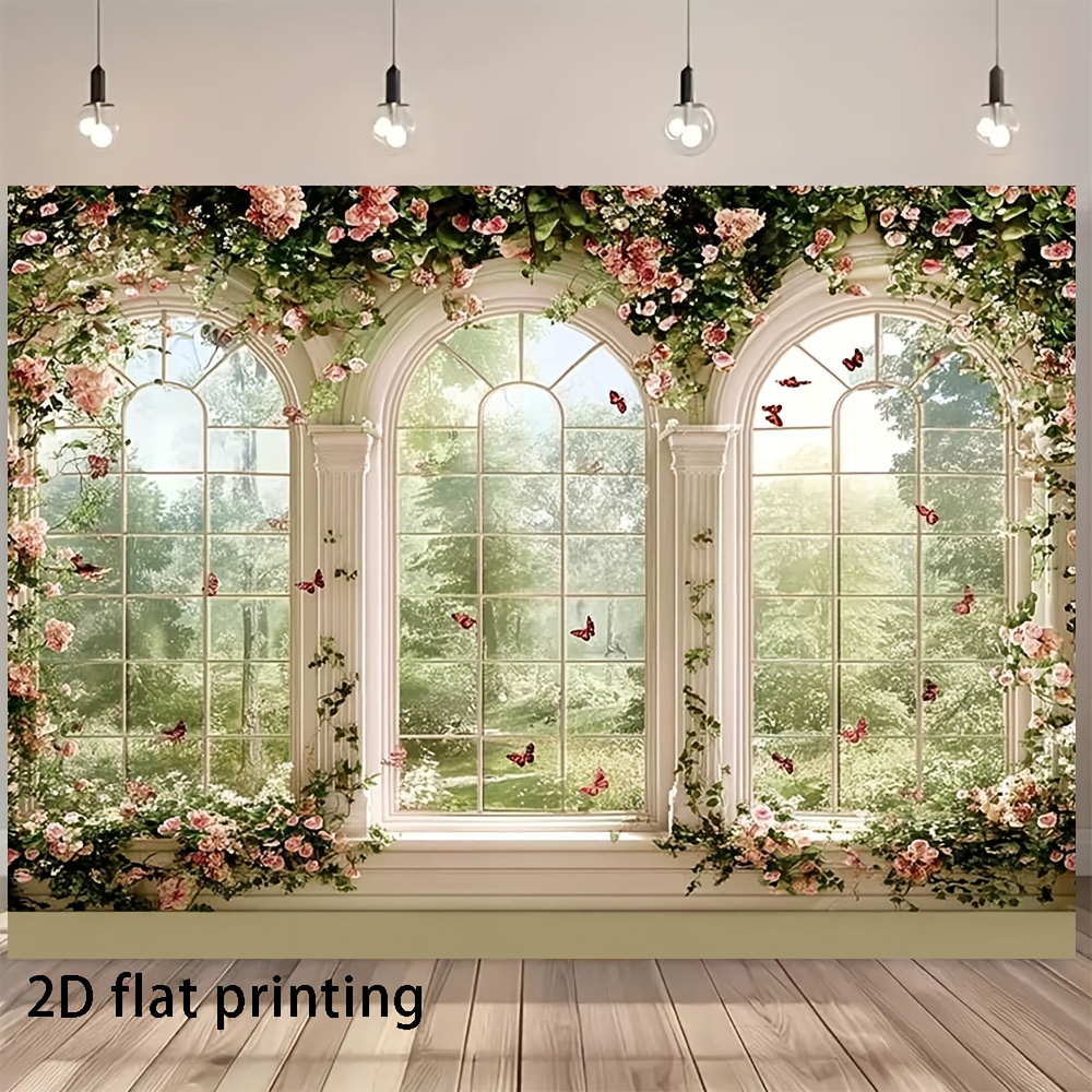 TEMU 2d Flat, 2d Flat - 2d Flat, Posters And Prints 2d Flat, 1pc, Multiple Size Options, 3 Arched Windows With Flowers And Butterflies, Super