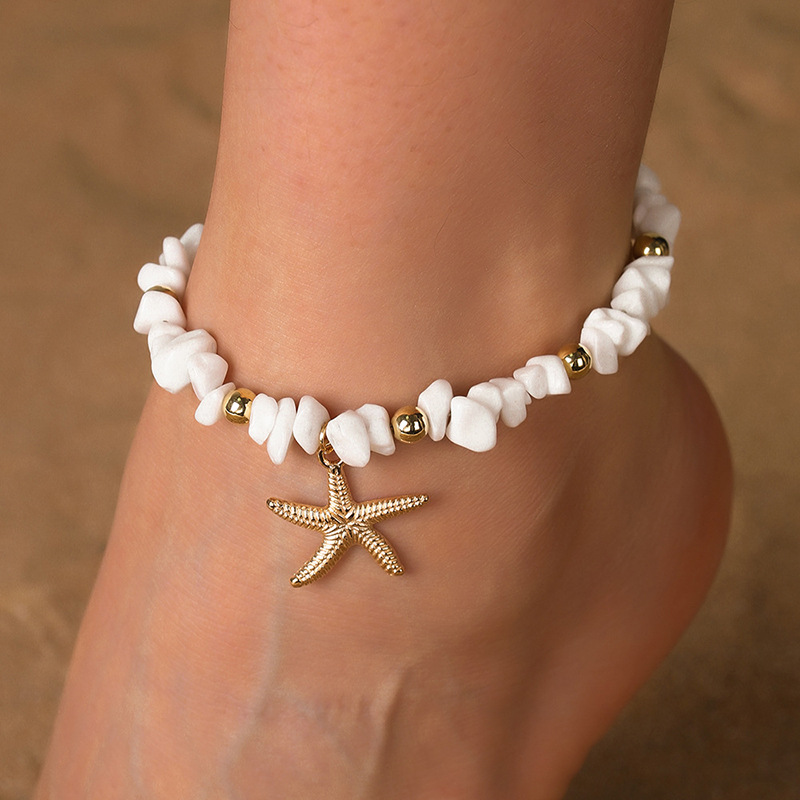 Image of 1pc Women's Bohemian Vintage Alloy Starfish Pendant White Gravel Beaded Adjustable Anklet Daily Beach Vacation Wear Holiday Gift Mother's Day Gift