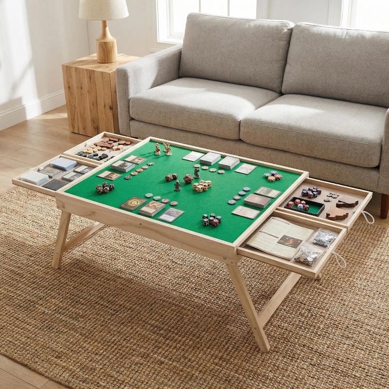 This Multifunctional Game Table Is Foldable And Features Drawer Storage Compartments. The Non-Slip, Integrated Storage Design Is Perfect for Puzzles, Board Games, And Camping - Combining Entertainment, Office Work, And Storage