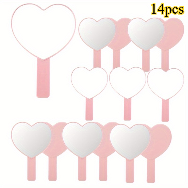 TEMU 14pcs Heart-shaped Hand Mirrors - Portable Travel Makeup Mirrors With Handles, Exquisite Styling Mirrors For Women, Valentine's Day Decor,