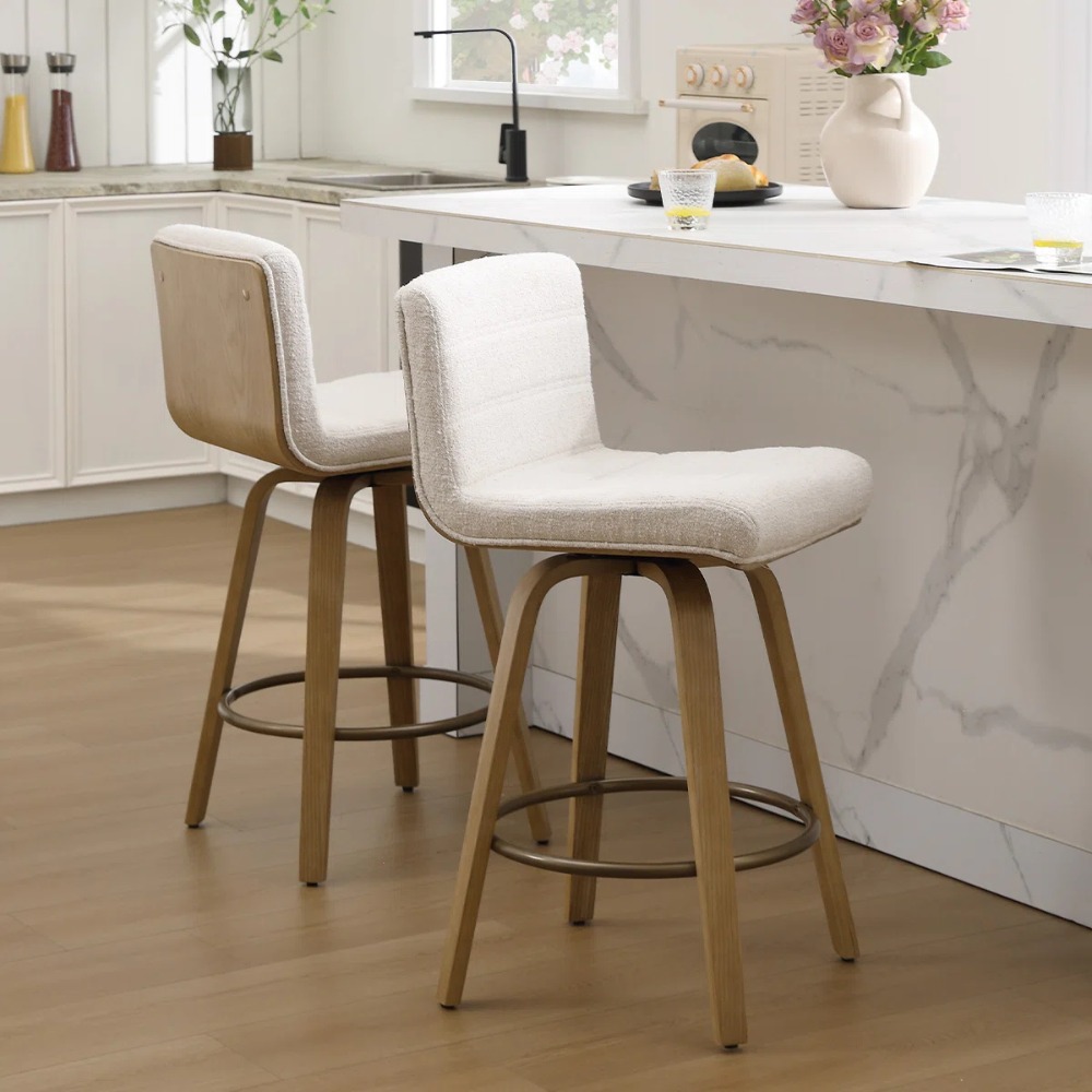Pair of Contemporary Bar Stools Featuring Backs, Rotating Counter-Height Design, Upholstered Fabric for Kitchen Islands, Sturdy Wooden Legs, Ideal for Home Kitchens And Pubs