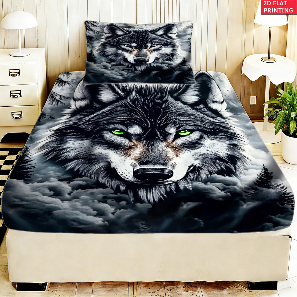 TEMU 2/3pcs 2d Flat Printing Fitted Sheet Black Wolf Bedding, Print, For Bedroom Decoration(1*fitted Sheet 1/2*pillowcases.without Core), 2d Flat