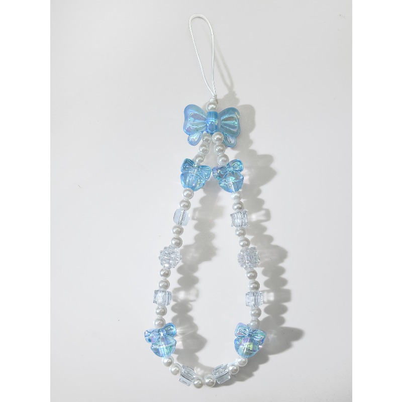 TEMU 1pc Chaîne de téléphone avec nœud bleu et perle, Corde de suspension transparente avec perles mignonnes