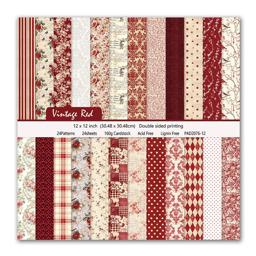 

24pcs Valentine's Day Paper Set, 12-inch Double-sided Red Checkered And Floral Patterns For Diy Crafts And Backgrounds