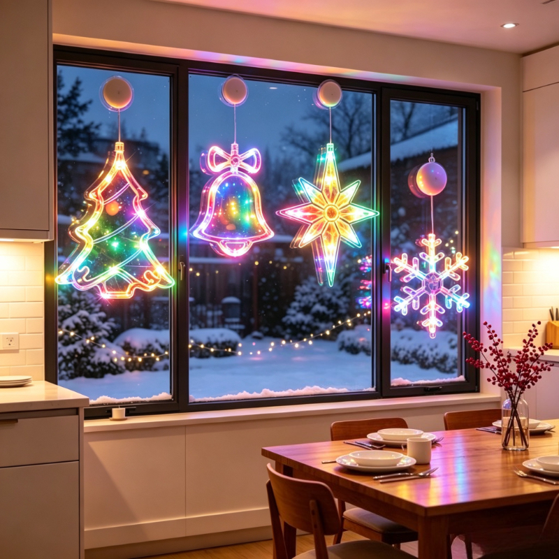 TEMU 4pcs Christmas Suction Cup Led Decoration Set, Featuring , Snowflake, Christmas Tree, And Bell, Suitable For Placement Near Curtains, Glass