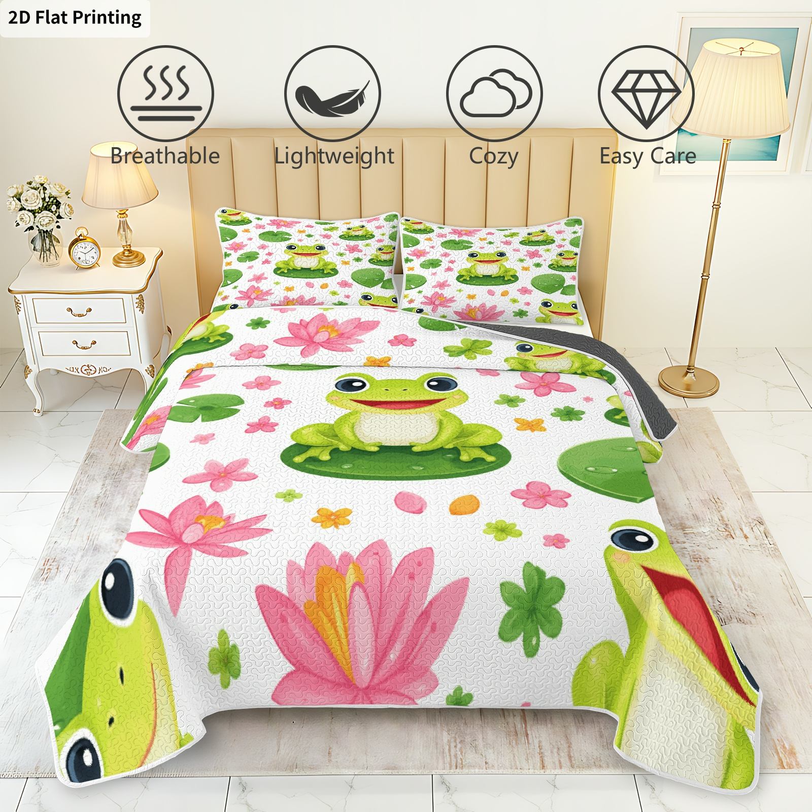 item picture 2D Flat 3pcs Quilted Bedspread with Comforter - Frog Lily Pad Flowers Bed Cover, (  1 Quilt 2 Pillowcases, No Fillers)   Soft, Frog Lily Pad Floral. Breathable, Skin-Friendly, Comfortable