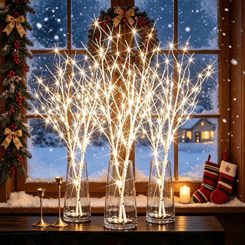 TEMU 3pcs Glowing Birch Branch Wireless Lights, Elegant Illuminated Twig Lamps, Battery-operated Modern Stylish Art Home Decor For Christmas & New