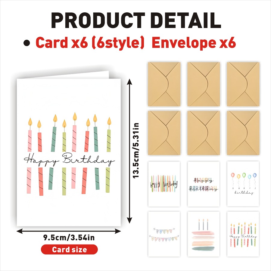TEMU 12pcs Set Including 6pcs Cards And 6pcs Envelopes, Birthday Greeting Card Set, , With Candle, Balloon, Cake , Suitable For Family, , Colleagues'