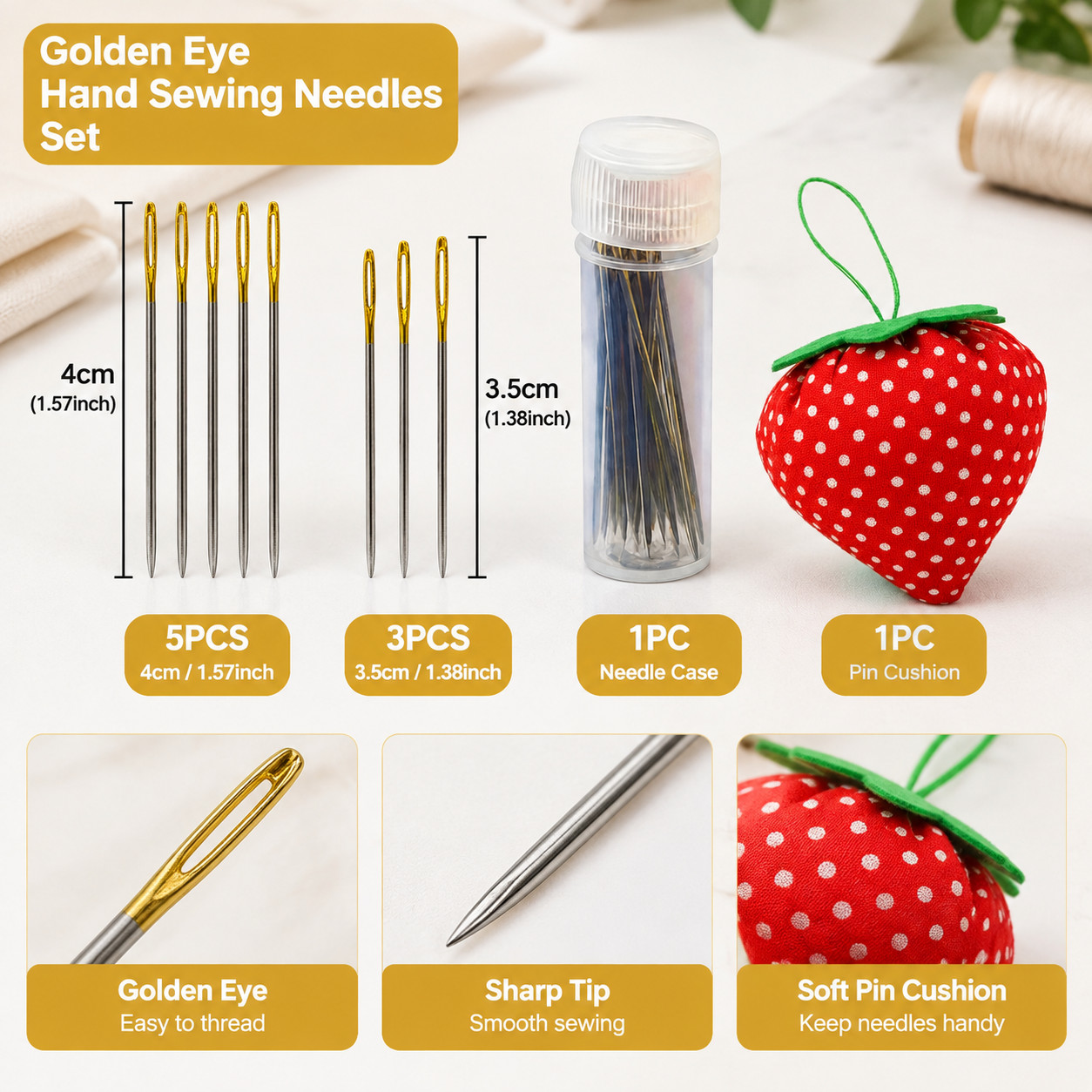 Gold-Tail Hand Sewing Needles with Strawberry Pin Cushion, 4cm x 5 & 3.5cm x 3