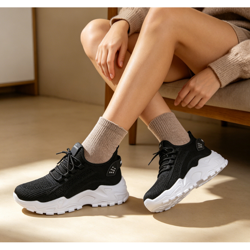 Image of Women's Wide Width Platform Dad Sneakers - Lightweight Breathable Knit Lace-up Walking Shoes With Stable Sole, Color Block Platform Suitable For Daily & Outdoor Wear, - Arch Casual Athletic Footwear