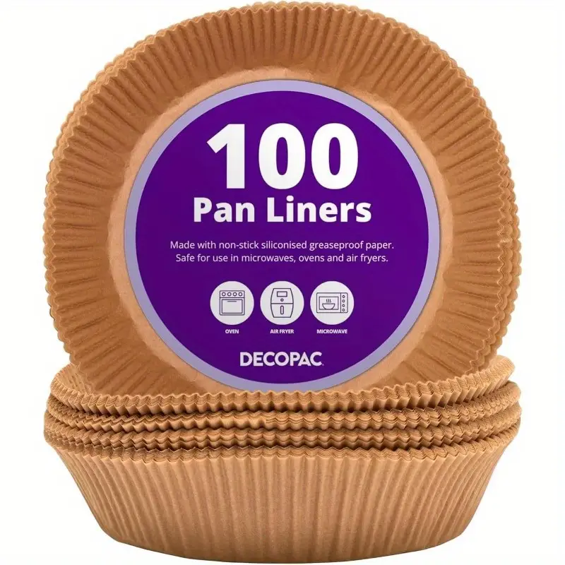 100-pack of round baking liners made from , greaseproof silicone paper, suitable for cakes and pies, as air fryer liners., used as covers, oven cups, roasting folds, meat, vegetable, and fruit preparation, paper pans for an ideal gift item., hanging cart application, baking trays. kitchen cooking, waterproof and disposable, vacuum trays. Product details 0