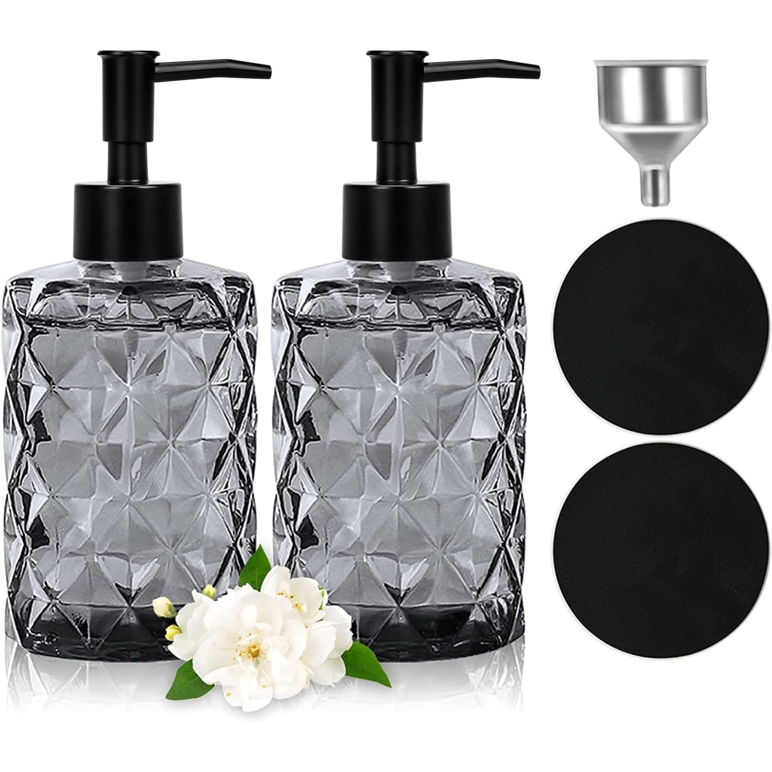 Image of 2 330ml Refillable Glass Bottles, With Funnel And 2 Pads, Diamond-patterned Matte Black Pump Head, 304 Stainless Steel Spring, Thickened Glass, Suitable For Home, Hotel, Shopping Mall And .