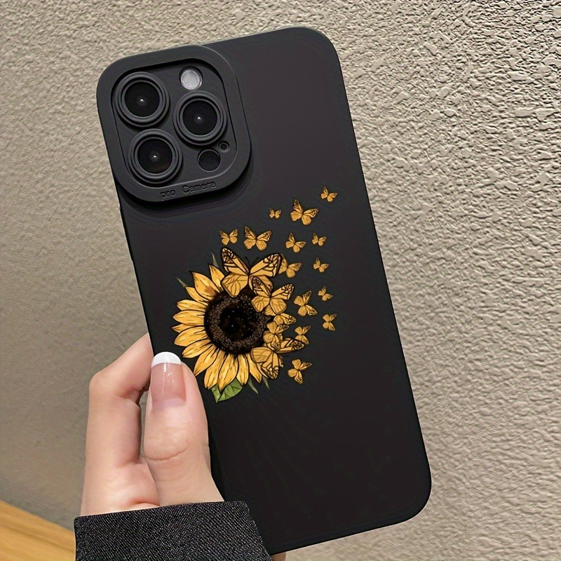 TEMU 1pc Black Sunflower Pattern Shockproof Phone Case, Suitable For Iphone 16, 15, 14, 13, 12 Pro Max And Series