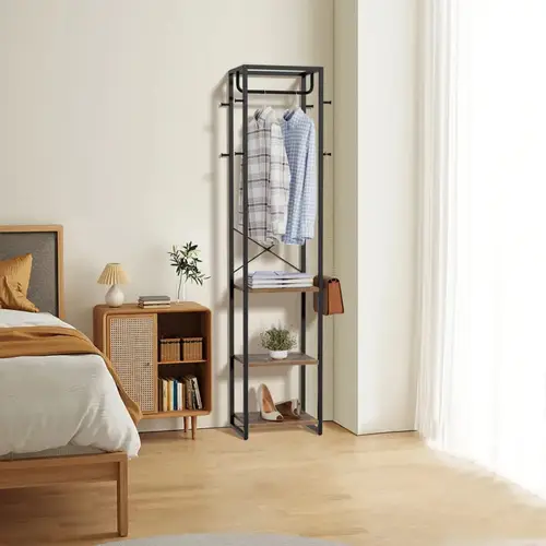freestanding coat rack with shelves hall tree with 3 shelves and 12 hooks industrial clothes racks organizer stand for entryway hallway bedroom rustic brown
