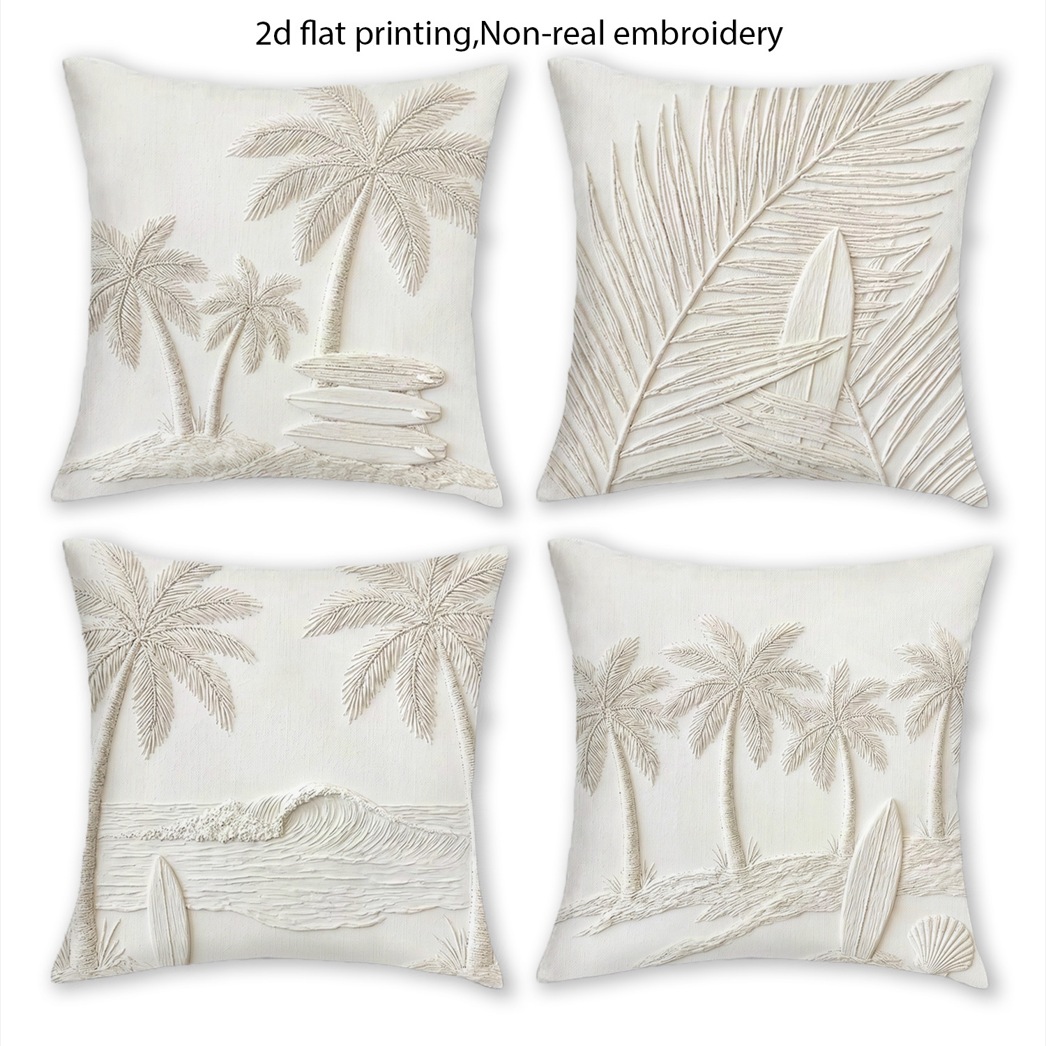 TEMU 4pcs Set Of 2d Single-sided Printed Embroidery Coconut Tree Beach Themed Pillowcases, Cream With And Surfing Element Print, - Instagram Style,