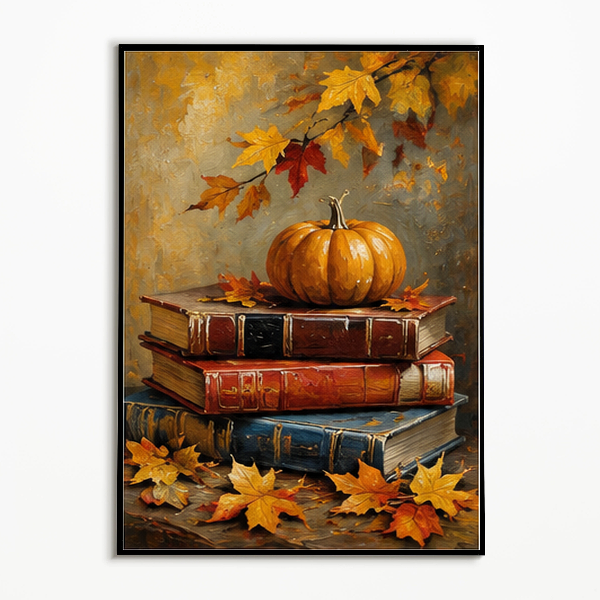 TEMU Affiche d'art mural sur toile cadre, 2D plat, 2D plat, 1 pièce, livres empilés colorés vieillis, livres vintage, citrouille, feuille d'érable,