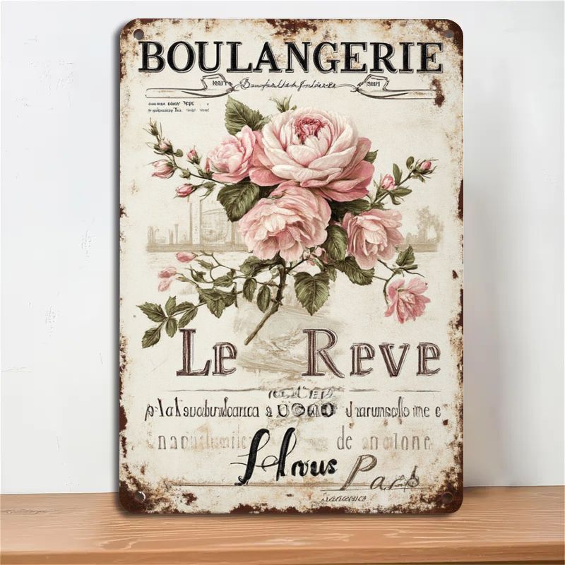 TEMU 2d Flat - Vintage French Le Metal Tin Sign - Rustic Shabby Chic Pink Roses & French Bakery Decor, 20x30cm Durable Aluminum Parisian Wall Art